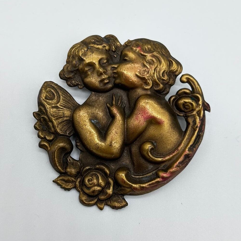 Vintage Cherub Fairy Floral Figural Brooch Pin Romantic Retro Costume Jewelry